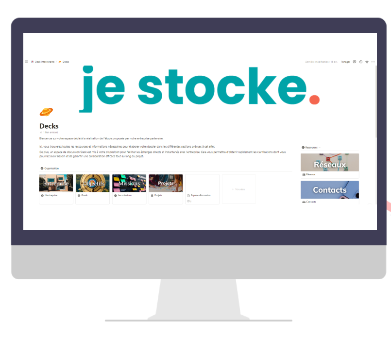 Interface collaborative Je Stocke sur The Webskills, mettant en avant les sections pour gérer les entreprises, objectifs, missions et ressources.