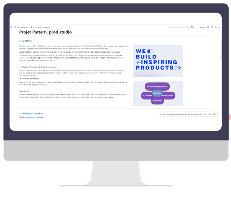 Page dédiée au projet Pattern Prod Studio sur The Webskills, affichée sur un écran d’ordinateur, avec une présentation du contexte et des missions attendues.