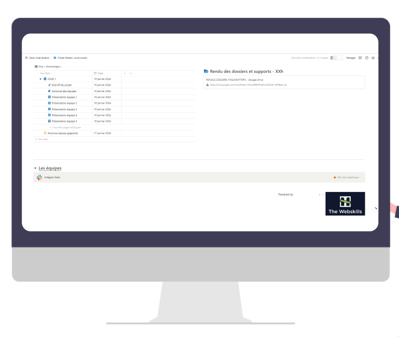 Chronologie et organisation des équipes pour le projet Je Stocke sur The Webskills, avec gestion des présentations et suivi des rendus.