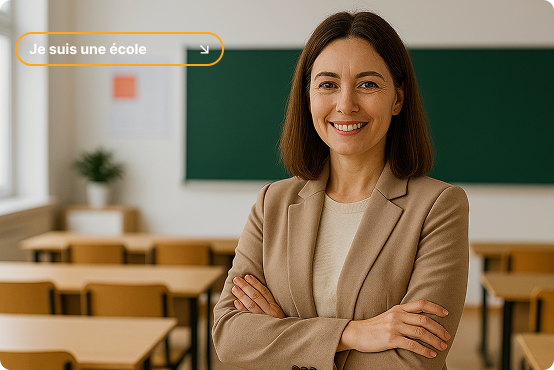 Responsable pédagogique souriante dans une salle de classe vide, représentant une école partenaire de The Webskills prête à intégrer des projets concrets pour ses étudiants.