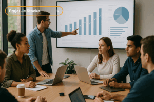 Étudiants en data analyse travaillant sur le projet Je Stocke, présentant des graphiques de croissance et des KPIs sur un dashboard.