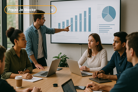 Étudiants en data analyse travaillant sur le projet Je Stocke, présentant des graphiques de croissance et des KPIs sur un dashboard.