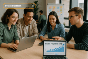 Étudiants en business développent travaillant sur une stratégie de prospection commerciale pour le projet Paattern, en session collaborative sur ordinateur.