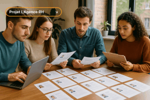 Étudiants en gestion RH analysant des candidatures papier et numériques pour construire un processus de préqualification de leads pour un cabinet de recrutement.