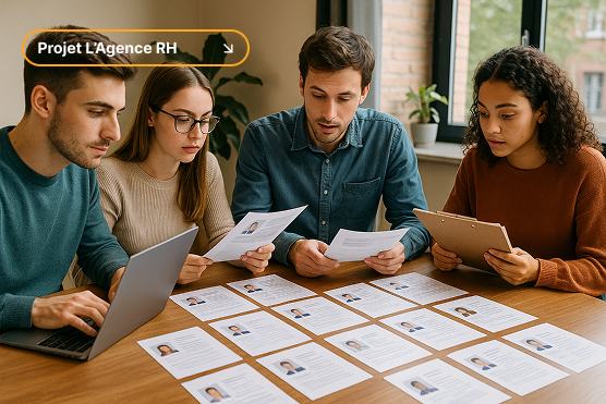 Étudiants en gestion RH analysant des candidatures papier et numériques pour construire un processus de préqualification de leads pour un cabinet de recrutement.