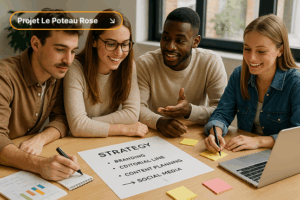Étudiants en communication travaillant sur une stratégie éditoriale pour Le Poteau Rose, avec planning de contenus, branding et réseaux sociaux.